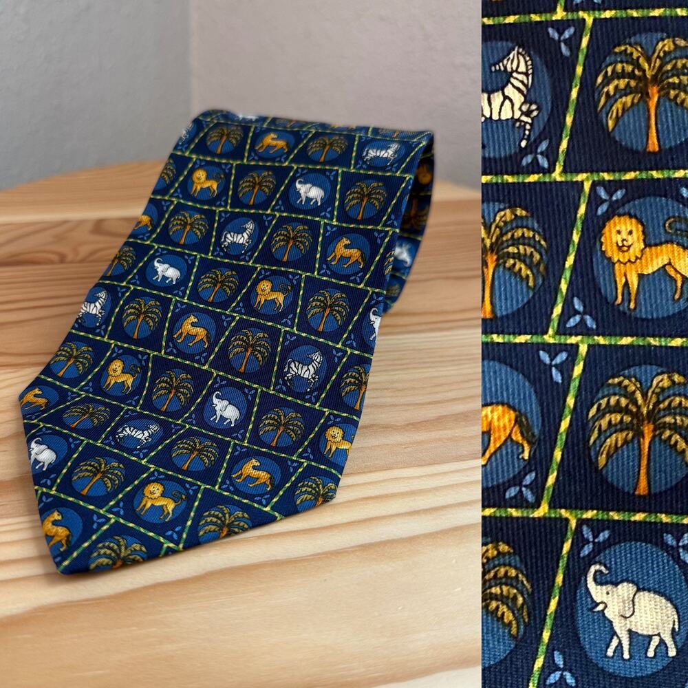 Salvatore Ferragamo Zebra Lion 100% Silk Printed Novelty Tie - Navy, Yellow OS